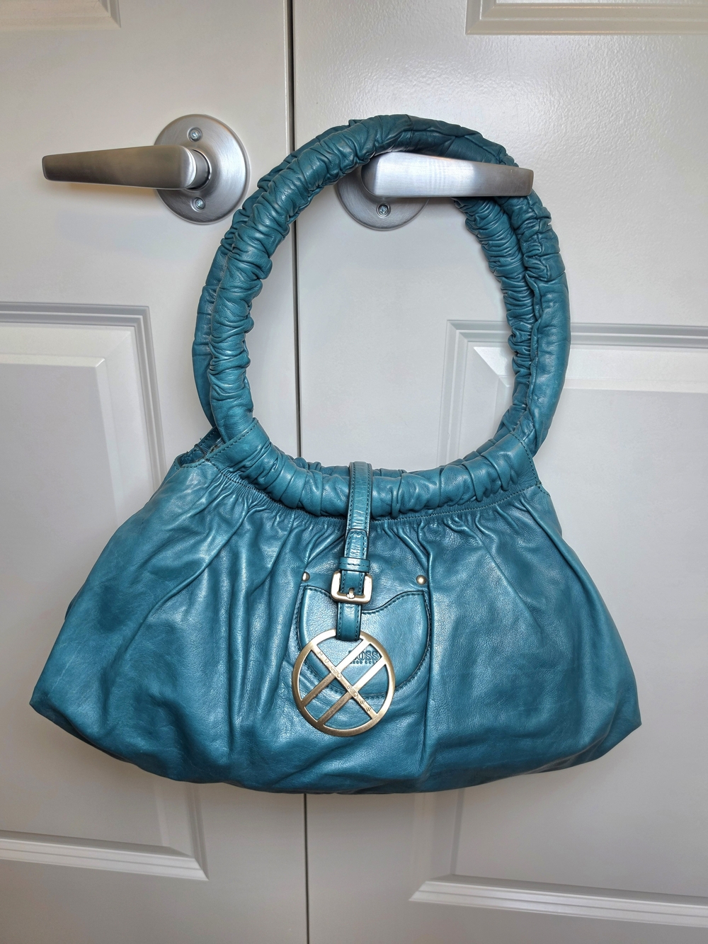 HUGO BOSS Y2K DESIGNER CALFSKIN LEATHER HOBO SHOULDER BAG TEAL AUTHENTIC